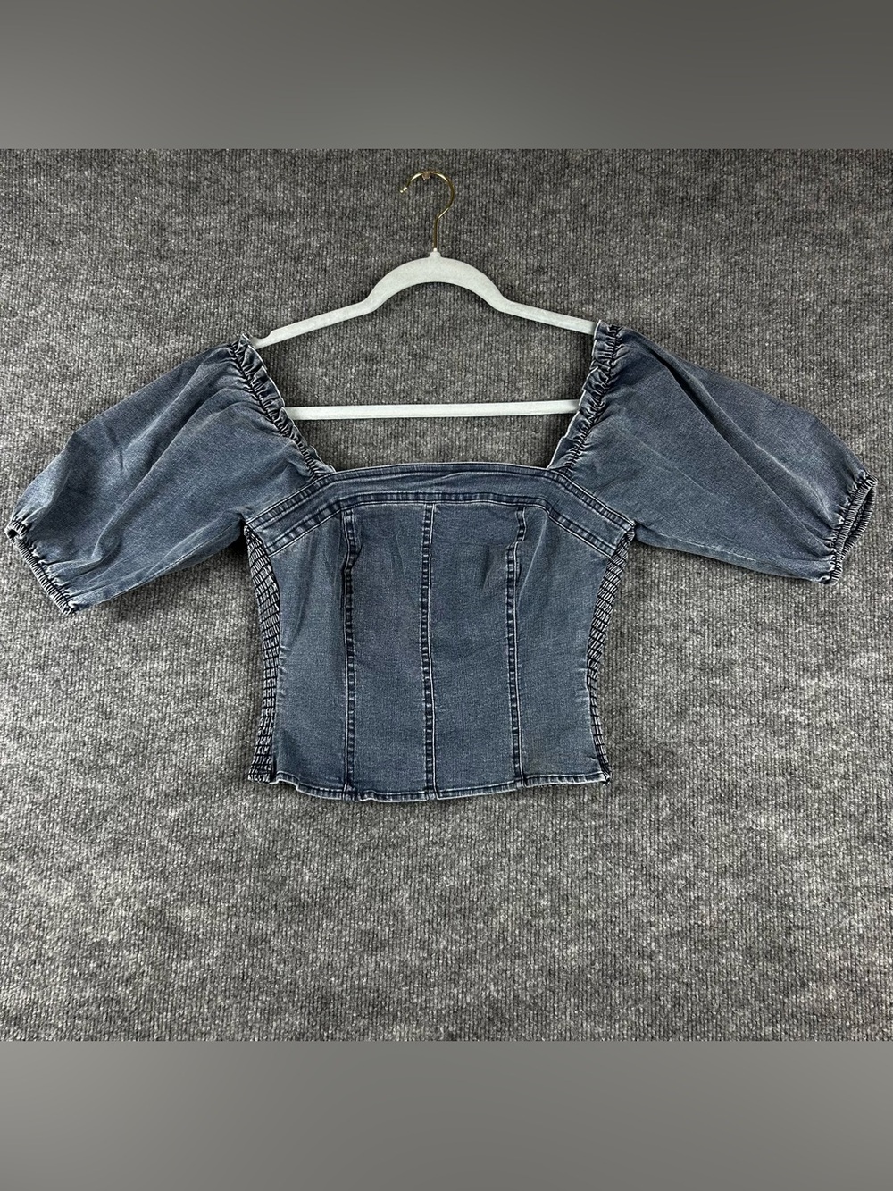 Pink Lily Smocked Denim Crop Top Y2K Coquette Puff Sleeve Size S